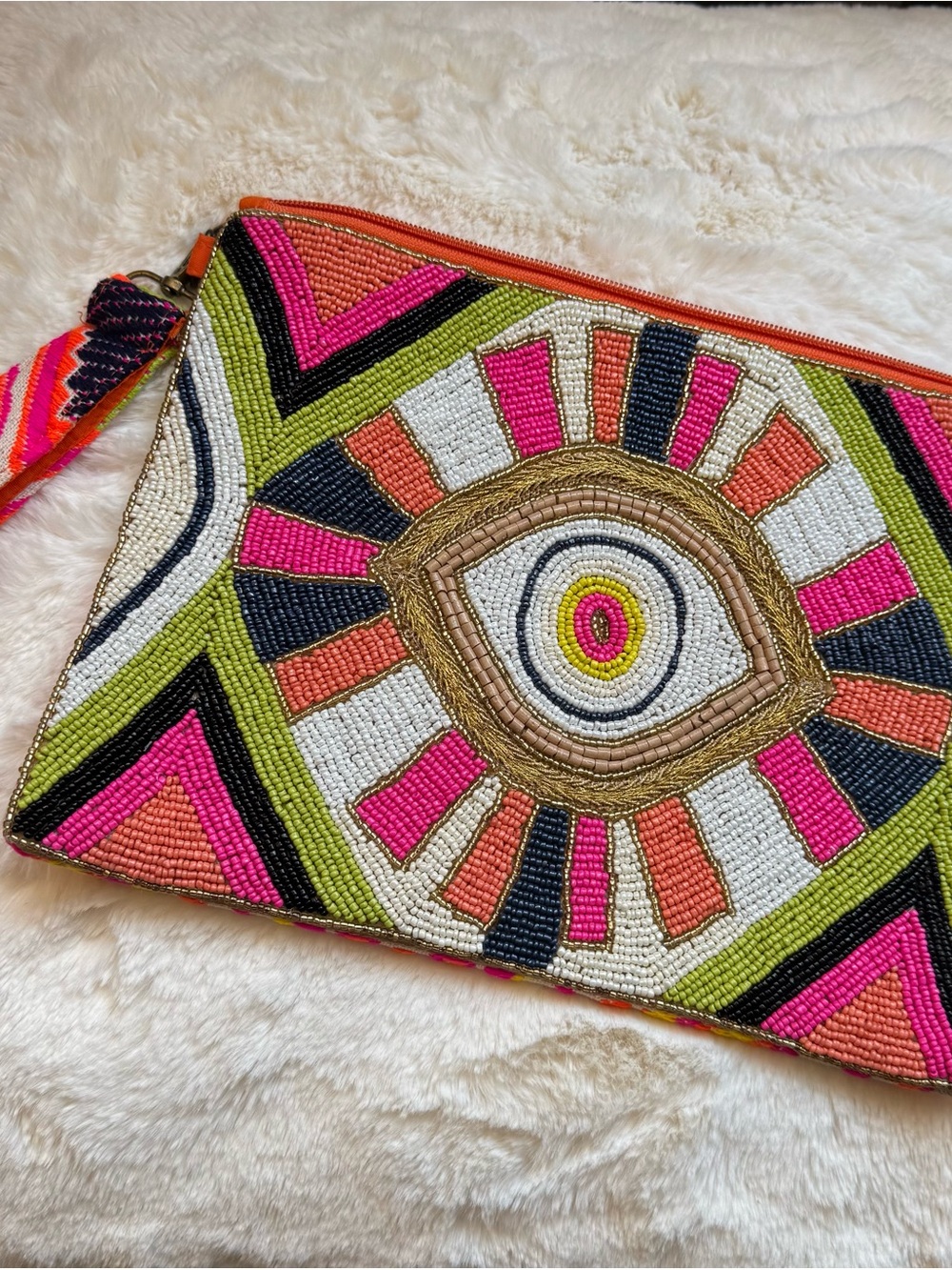 Beaded Eye-Pattern Wristlet Clutch in Pink, Green & Orange